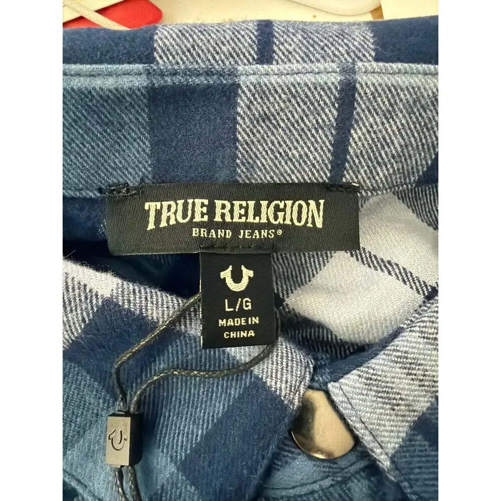 True religion 700744 logo patch brushed flannel shirt navy plaid size large